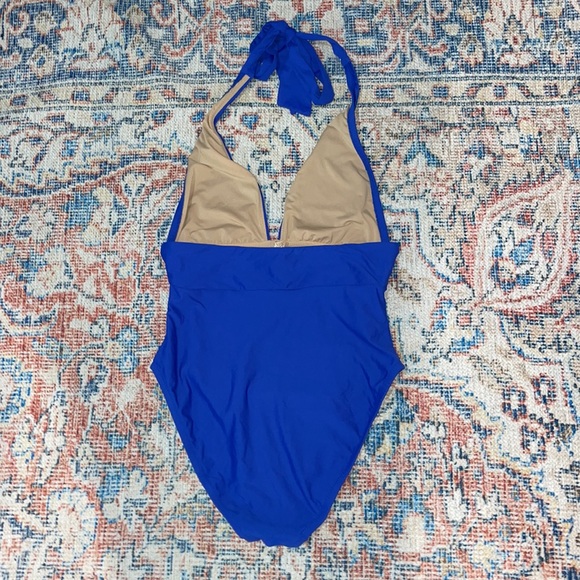 J. Crew Plunging Halter One Piece Swimsuit in Blue SZ 8 EUC - Picture 3 of 4